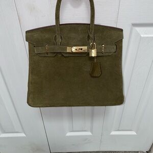 Nee 30cm genuine suede army green top handle handbag
